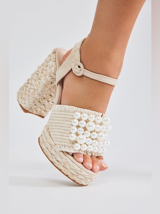 Pearl-Embellished Espadrille Platform Sandals - Cream